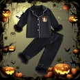 thumbnail image 2 of Krdevn Kids Beanie Ghost Halloween Pajama Set Long Sleeve Lapel Button Top and Pants Black Fluff Sleepwear 2 Piece Pjs 8-9 Years,Black, 2 of 5