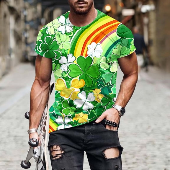 Blczomt Irish Men Short Sleeve T Shirts St Patricks Day Big & Tall Tee Shirt Shamrock Clover Graphic Summer Soft Tee Tops
