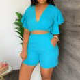 thumbnail image 4 of Two Piece Linen Sets for Women Spring Sets Women 2 Piece Outfits Clothing Set Female V-Neck Short Sleeve Tops Pants Sets Cargo Pant Style S_287 Women's Tracksuits Light Blue S, 4 of 9