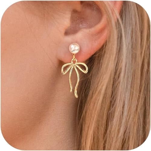 Bow Earrings for Women, Gold Plated Bow Stud Earrings Bow Dangle Drop Earrings Ribbon Earrings Trendy Prom Earrings