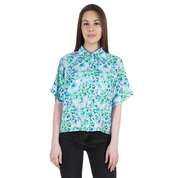 Moomaya WoMen's Printed Top Collar Neck Button-Down Shirt Short Sleeve Tunic