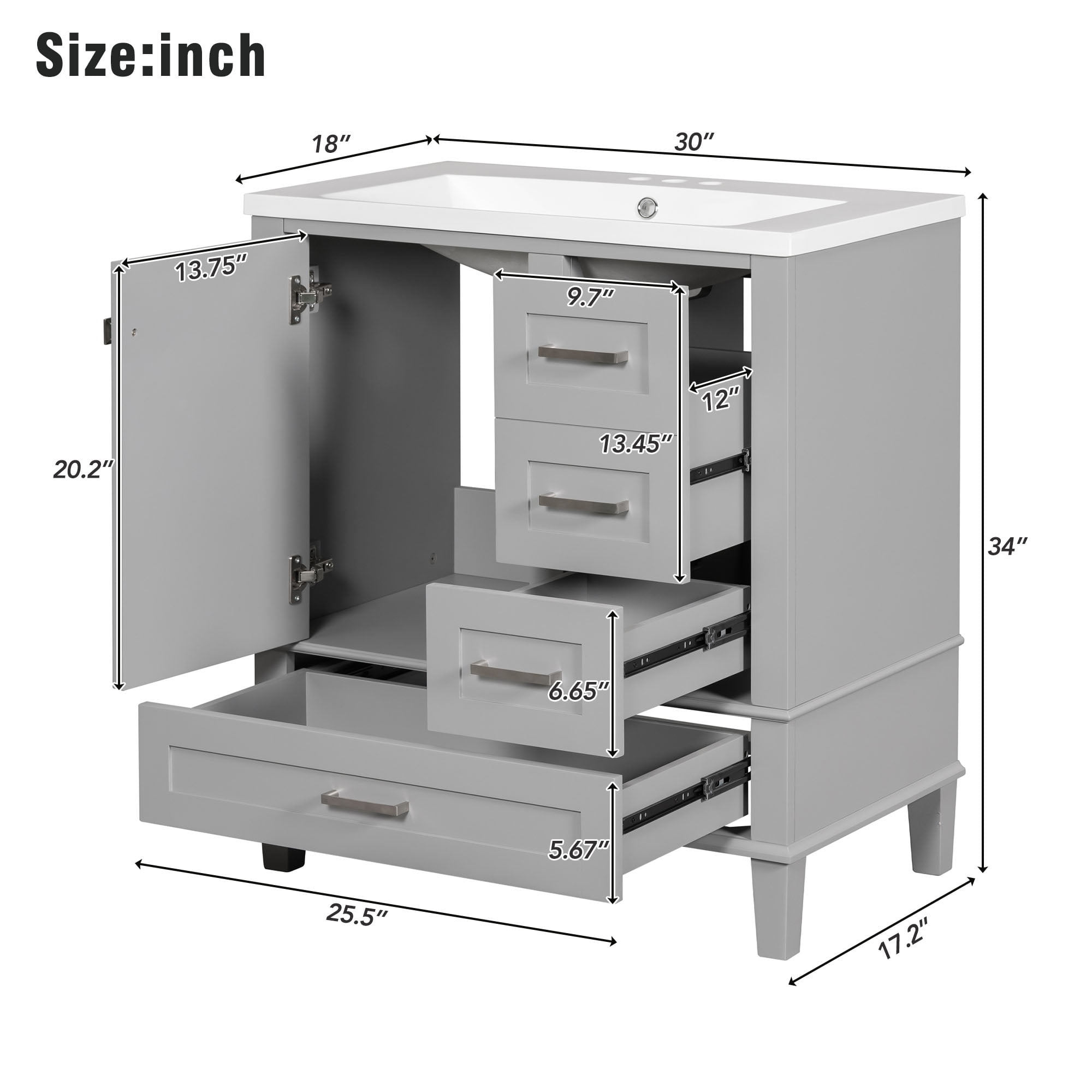 Royard Oaktree 30" Bathroom Vanity w/Resin Sink, Modern Bathroom Cabinet w/Soft Closing Door & 3 Drawers