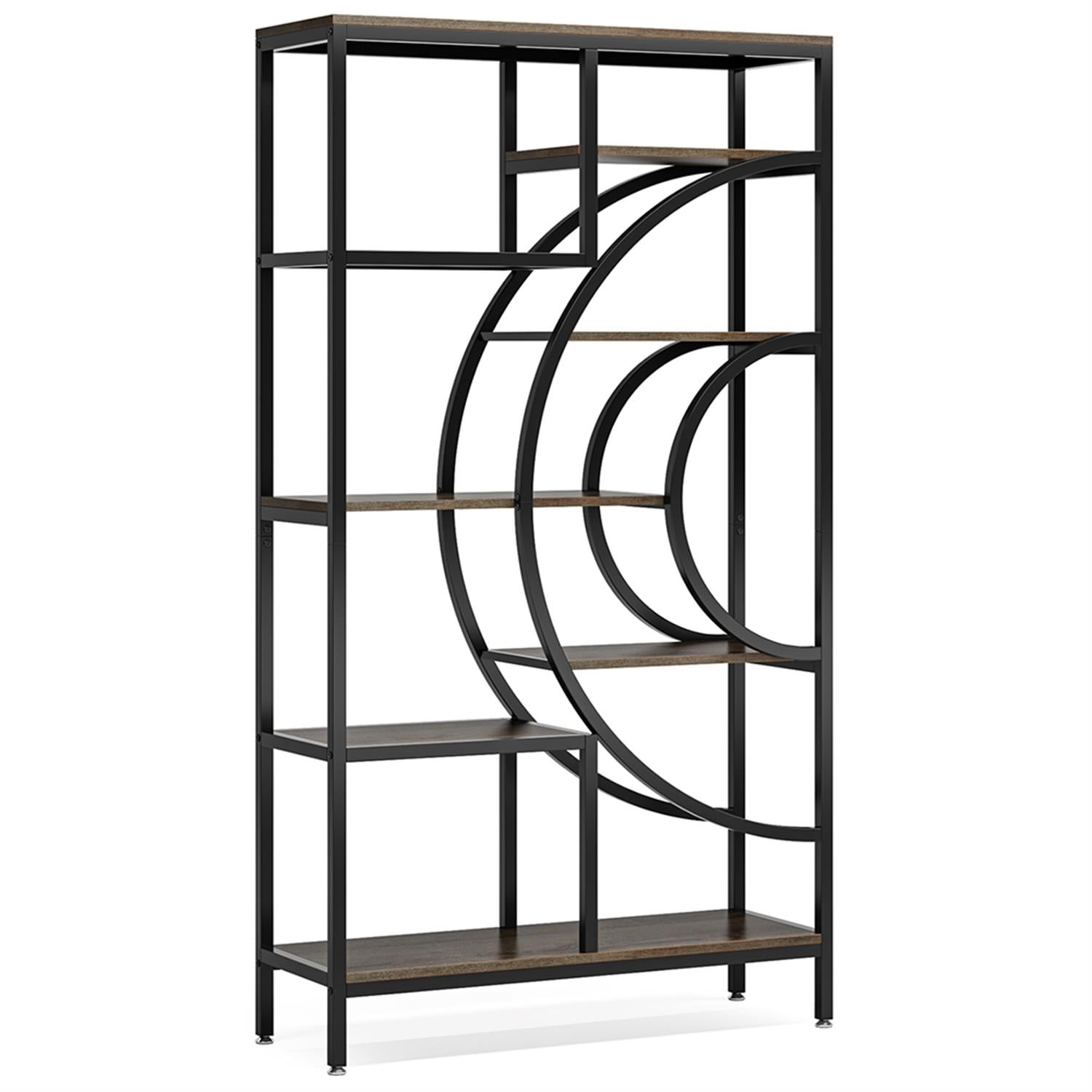 Demi Bonn 8 Tier Bookshelf, Wood and Metal Bookcase Storage Organizer, 71" Tall Geometric Display Standing Shelf Unit for Bedroom, Living Room, Brown