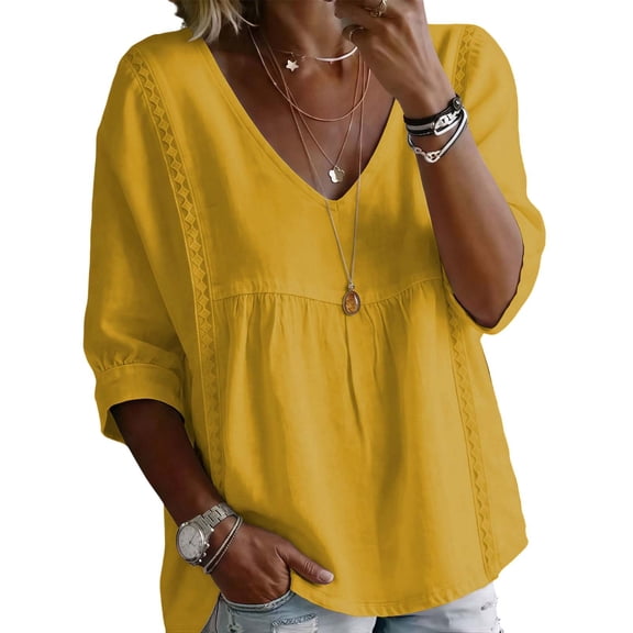 Long Sleeve Shirts for Women V Neck Peplum Blouse Side Lace Panel long Cuffed Sleeve Loose Casual Top Yellow L