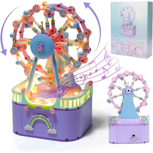 710PCS Street View Ferris Wheel Music Box Bricks Model Set, DIY Building Block Amusement Park Ferris Wheel with Lights Kids Toy 5+ Mini