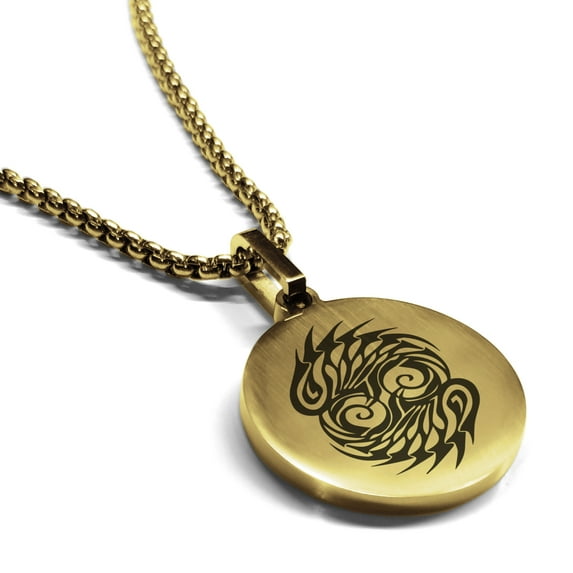 Stainless Steel Tribal Pisces Zodiac (Two Fishes) Round Medallion Pendant Necklace