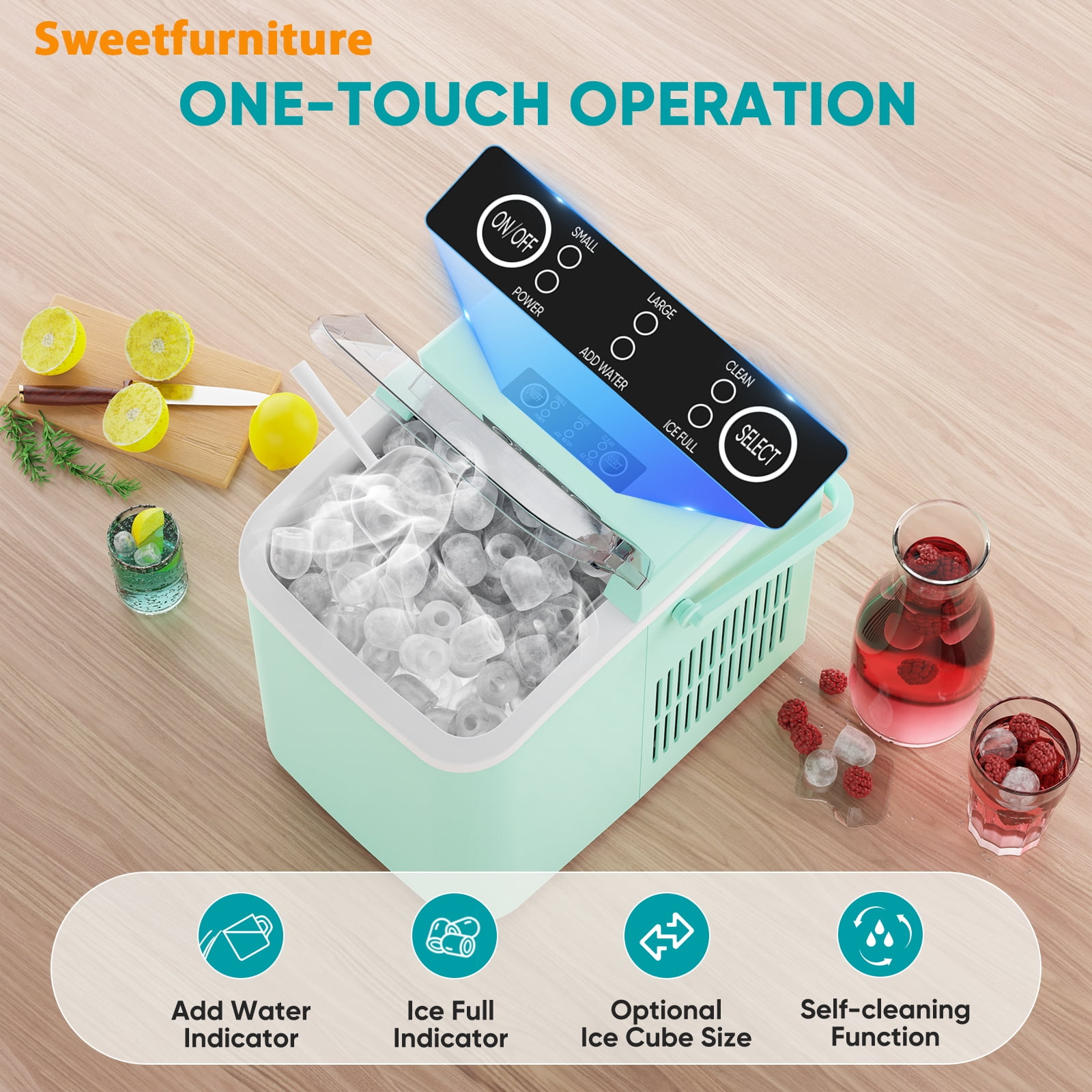 Sweetfurniture Countertop Ice Maker, Portable Ice Maker Machine with Handle and Ice Scoop, Green