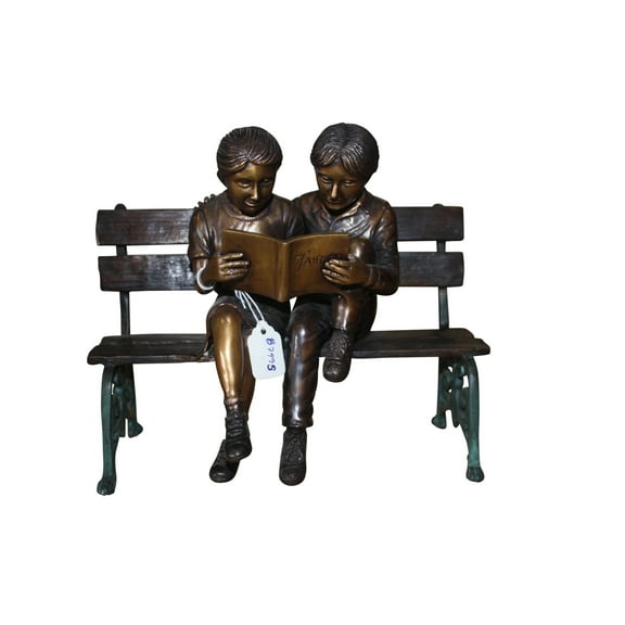 Two kids on bench reading a book - Bronze Statue -  Size: 9"L x 6"W x 8"H.