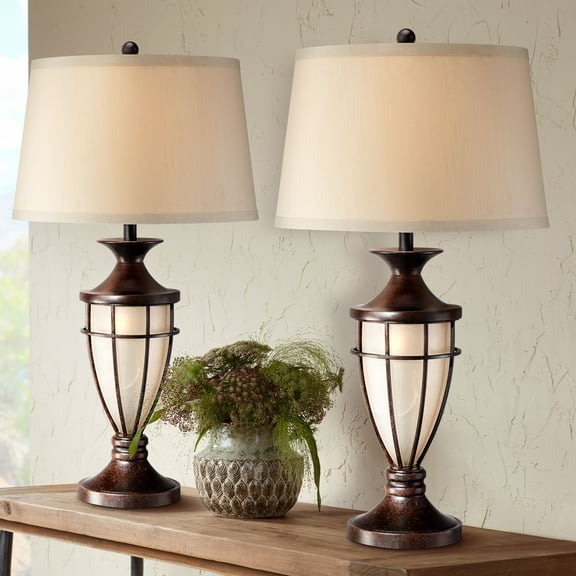 John Timberland Traditional Table Lamps 33" Tall Set of 2 with Nightlight Lantern Brushed Iron Cage Beige Fabric Shade for Living Room