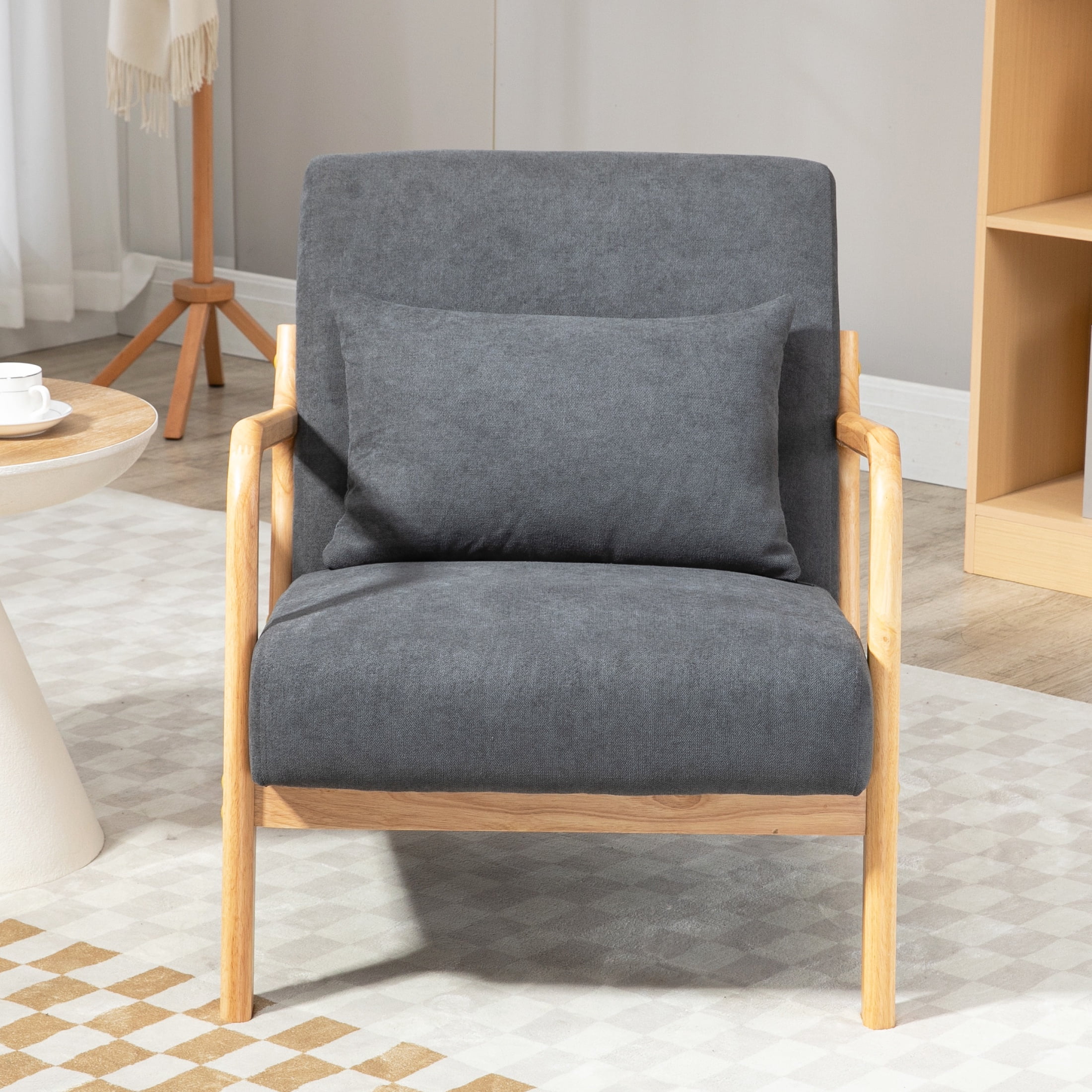 PORKISS Modern Arm Chair Velvet Fabric Upholstered Comfy Reading Accent Chair with Solid Wood Frame and Pillow, Armchair Comfort Club Chair Lounge Chair for Living Room Bedroom Sunroom, Grey