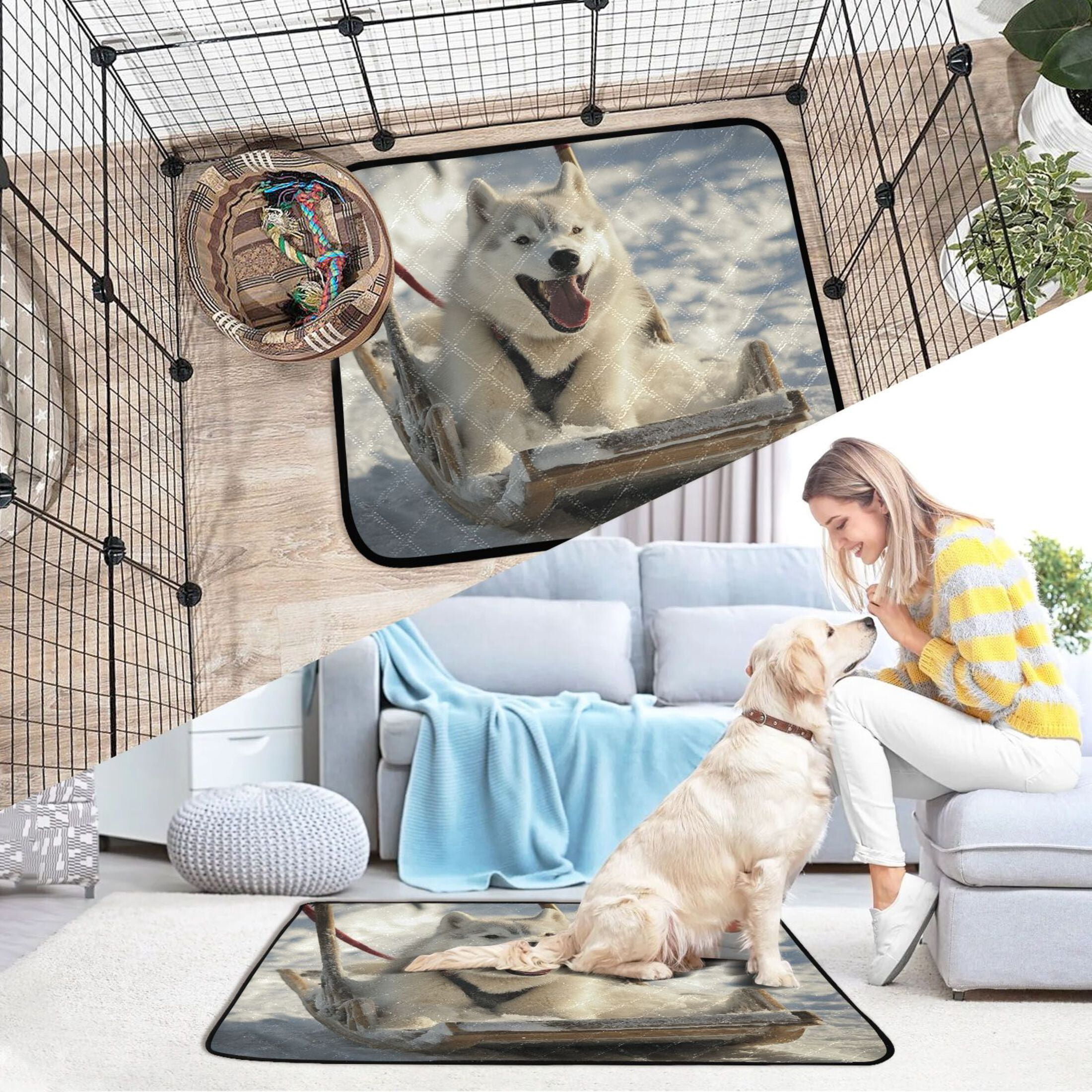 Qxltty Alaskan Dog on Sledge Cat litter Pads Pet Set of 2 Diaper Mats Center Anti-leakage Layer Absorbent Soft and Comfortable