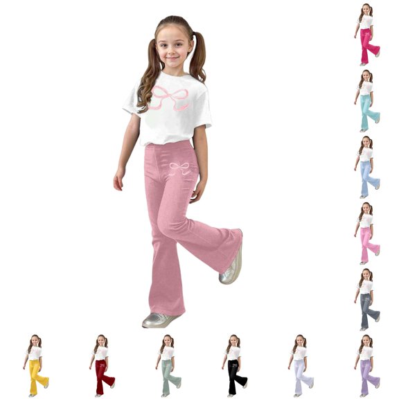 ZXLBBD Girls' Stylish Casual Outfit with Bow Print and Flared Leg Pants 2 Piece Toddler Comfy Loose Fit Daily Wear Clothes Sets,Light Pink,Size 5 Y-6 Y