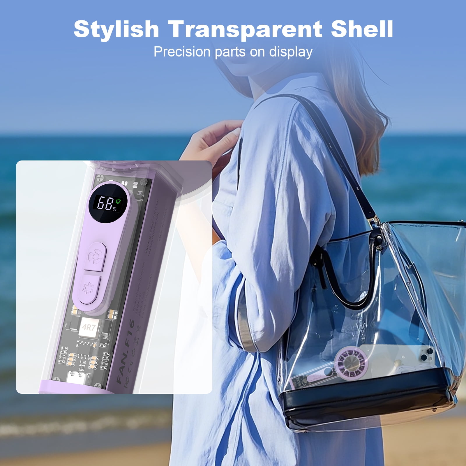 Handheld Turbo Fan with Ice Cooler, Transparent Design, Dual Airflow, 5000mAh Rechargeable Battery, 6-Speed