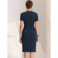thumbnail image 3 of Vestidos de trabajo de negocios para mujer, manga corta, cuello cuadrado, bloque de color, vestido ceñido al cuerpo Azul marino L, 3 of 6
