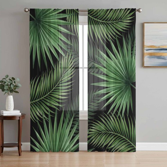 Green Leaves Sheer Curtains 96 Inch Length 2 Panels Set, Summer Country Botanical Tropical Plants Voile Window Treatment Semi Sheer Long Curtains Drapes for Bedroom/Living Room/Kitchen 52"x96"x2