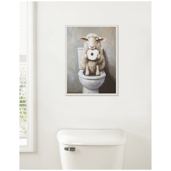 Kate and Laurel Cute Sheep Holding Toilet Paper Roll Toilet Bathroom Art Framed Canvas Wall Art by The Creative Bunch Studio 18 x 24 Sylvie Beaded White, Whimsical, Animals, Bathroom, Humor Art for