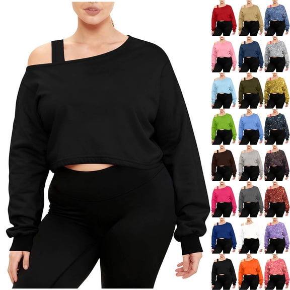 Women's Off Shoulder Crop Sweatshirt Plus Size Fashion One Shoulder Long Sleeve Pullover Top with Strap Design Black S