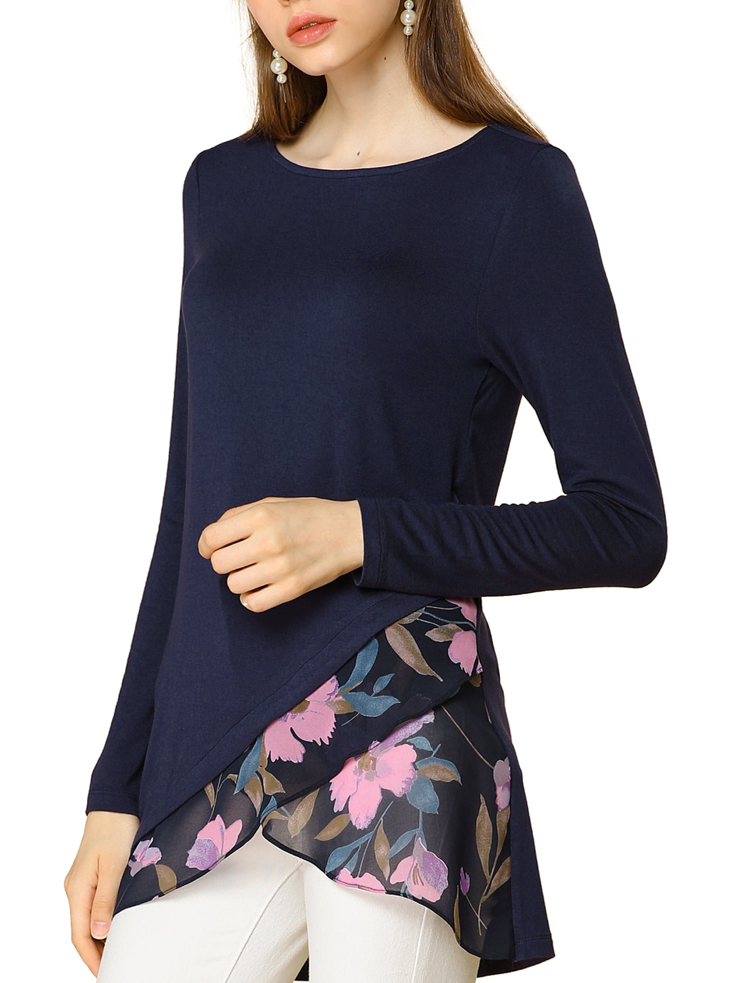 Women's Floral Printed Long Sleeve Asymmetrical Hem Top