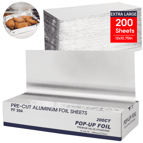 Aluminum Foil Sheets, 200 Count 12" x 10.75" Tin foil Aluminum Wraps Pre-Cut Pop-Up Dispenser for Food Wrap, Hot Dog or Sandwich Wrap, Food Storage, Baking, Kitchen Use