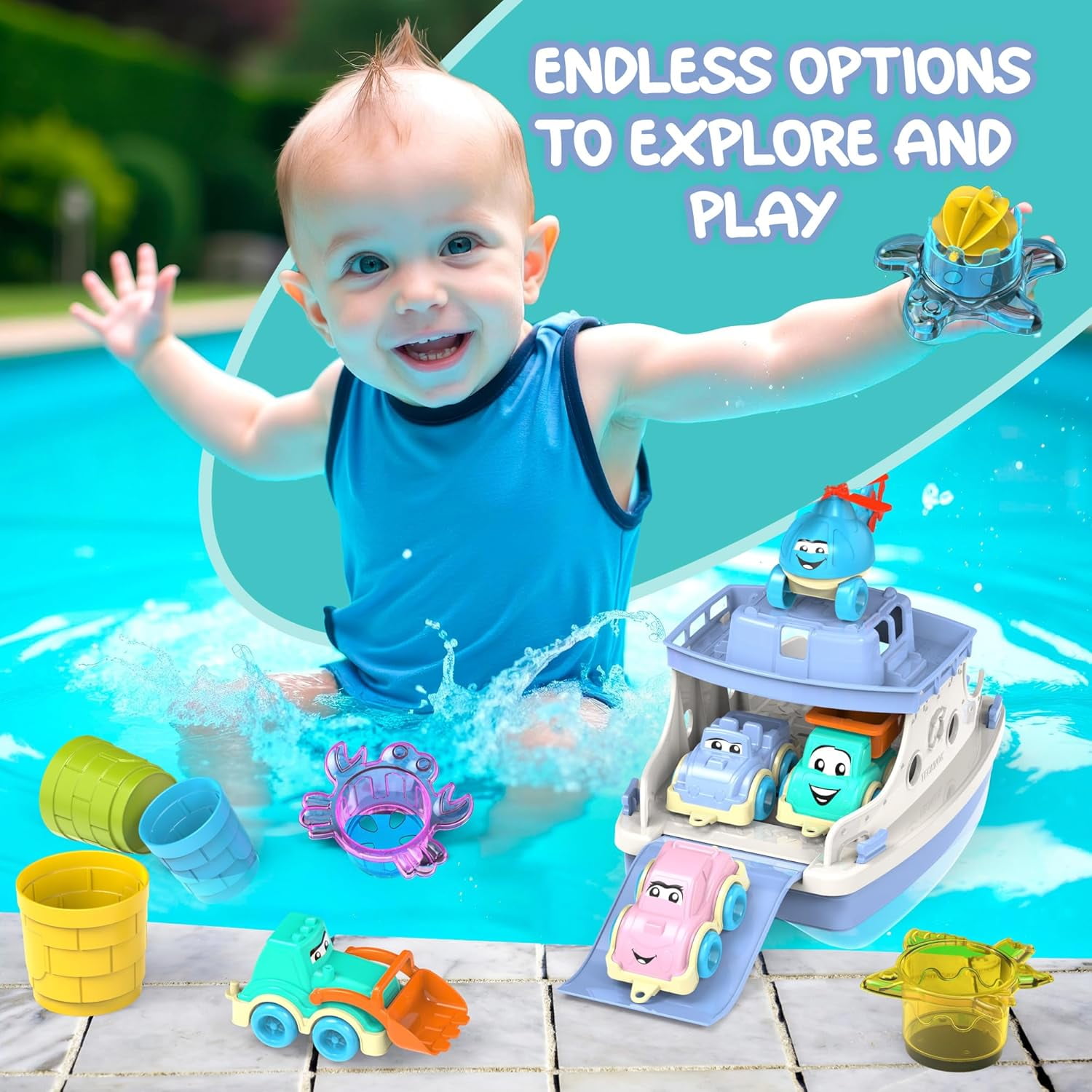 UTOYZ Ferry Fun and Friends Bath Toy Play Set for Toddlers 12 Months and up, 15 Piece