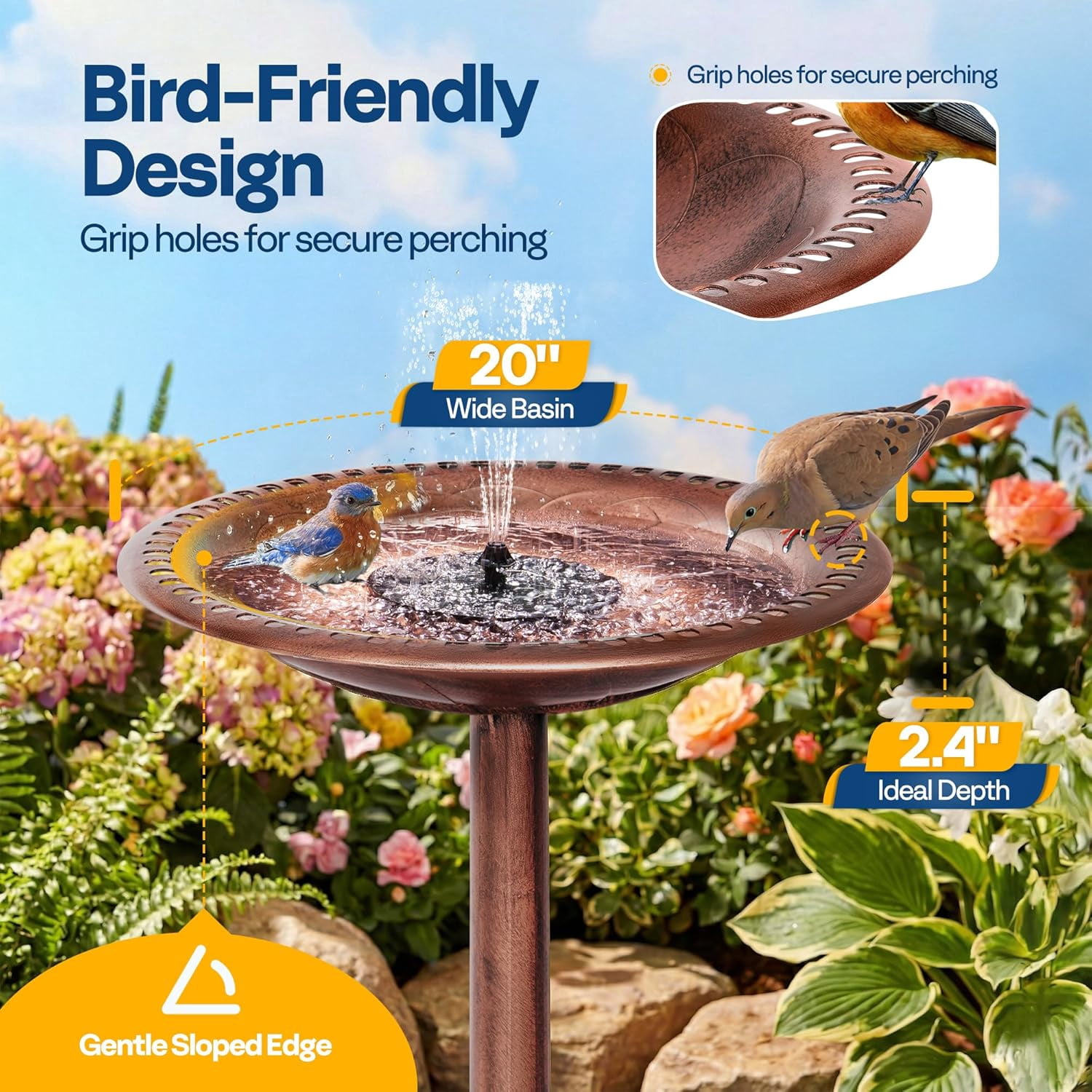 SPECSTAR Bird Bath, Polyresin Antique Outdoor Bronze Garden Birdbath and Solar Powered Round Pond Fountain Combo Set