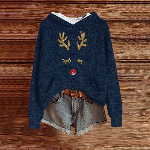 Women's Knit Christmas Deer Printed Hooded Sweatshirt, Cute Long Sleeve Pullover Hoodie, Fall Winter Fashion Casual Top,Navy,2XL