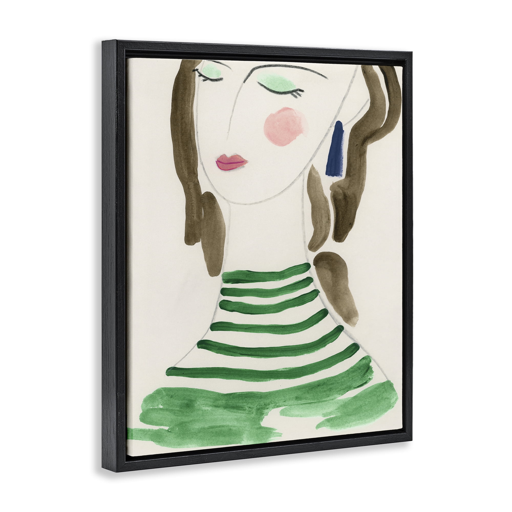 Stupell Industries Woman in Green Stripes People Painting Black Floater Framed Canvas Art Print Wall Art, 25 x 31