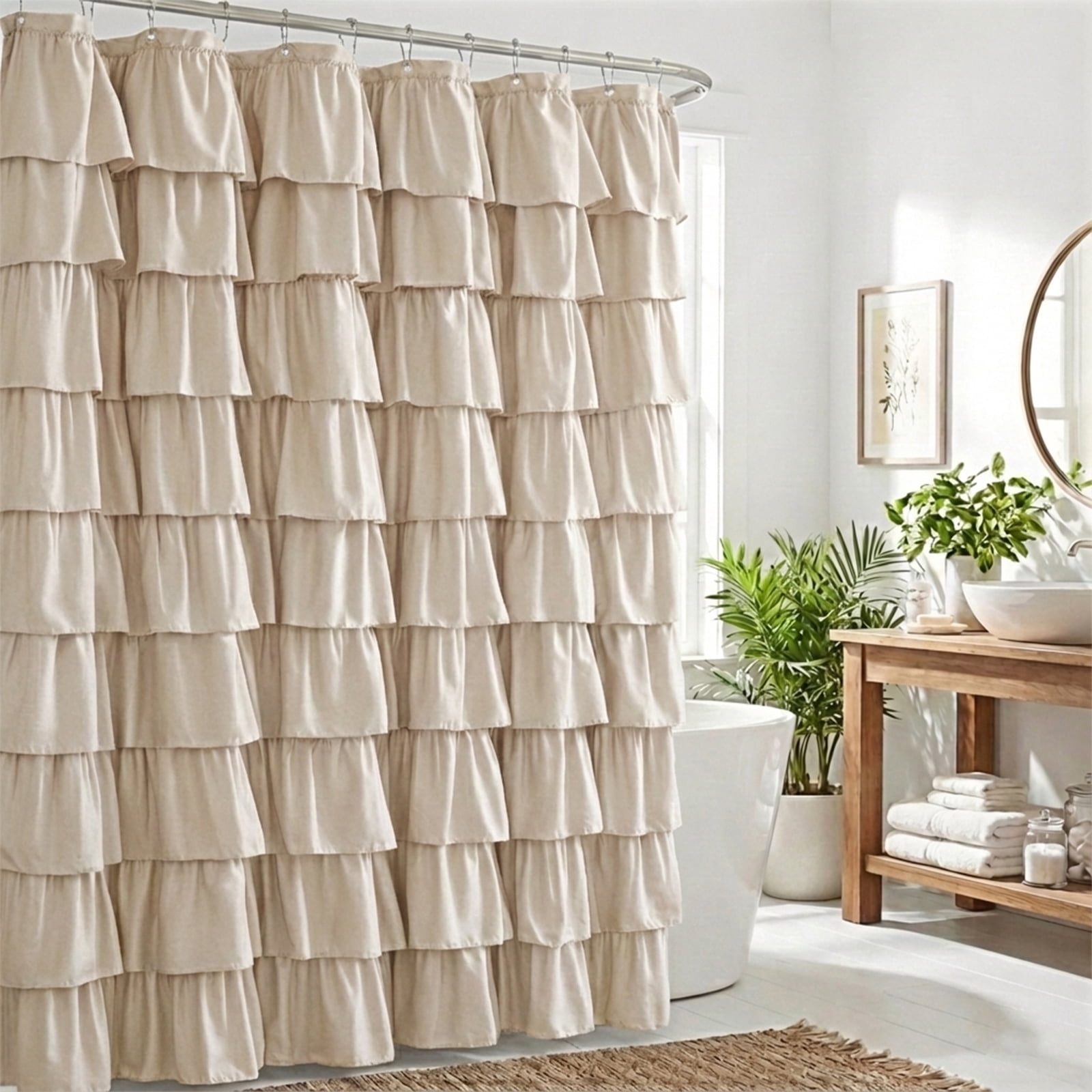 Seasonwood Beige Ruffle Shower Curtain,Farmhouse Fabric Bathroom Curtain,36 x 72 Inch