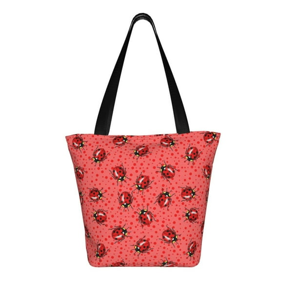 Uemuo Ladybugs On Red Polka Dot Print Tote Bags for Women,Large Capacity Corduroy Bag,Reusable Grocery Shoulder Bag,Beach Tote with Zipper Closure, Daily Essentials