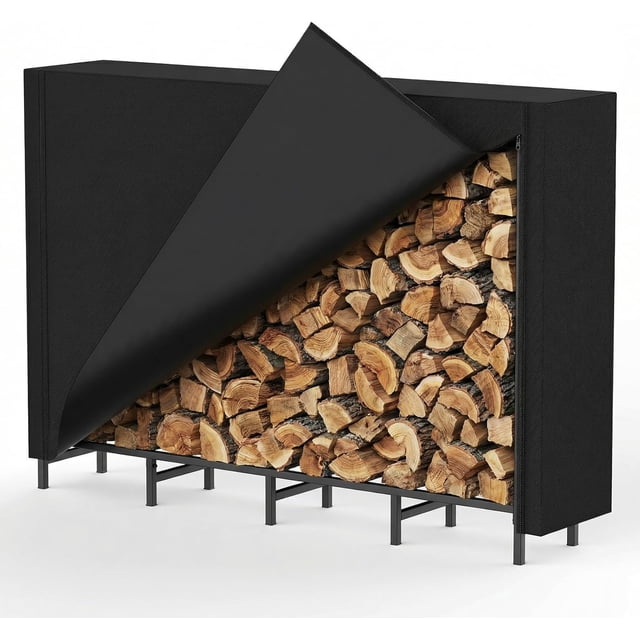 Support de Rangement pour Bois de Chauffage Extérieur avec Housse, Empileur de Bûches Intérieur en Métal Robuste avec Housse en Tissu Oxford 600D Résistant aux Intempéries, Support Organisateur de Rangement pour Poil de Bois pour Foyer, Noir