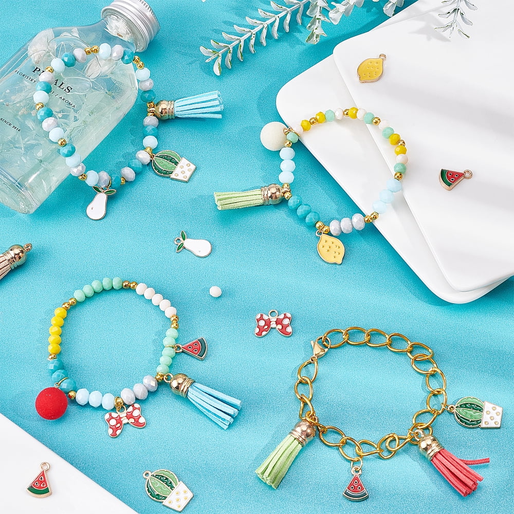1 Box Enamel Fruit Charms Faceted Glass Beads Bulk Cable Chain Beading Bracelet Making Kit Rondelle Glass Bead Suede Tassels for Jewelry