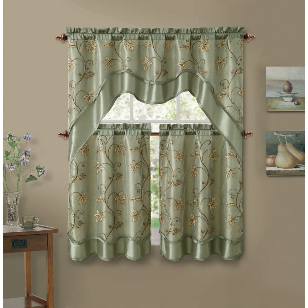 3 Piece Sage Double Layer Leaf Embroidered Kitchen Window Curtain Set