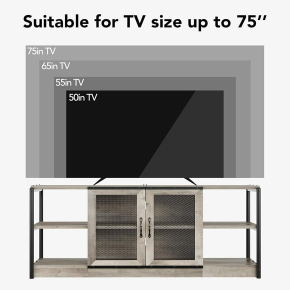 GloryStar TV Stand for 65+ Inch TV, Industrial Entertainment Center TV Media Console Table, Farmhouse TV Stand with Storage, Mesh Door and Shelves, Gray TV Console Cabinet Furniture for Living Room