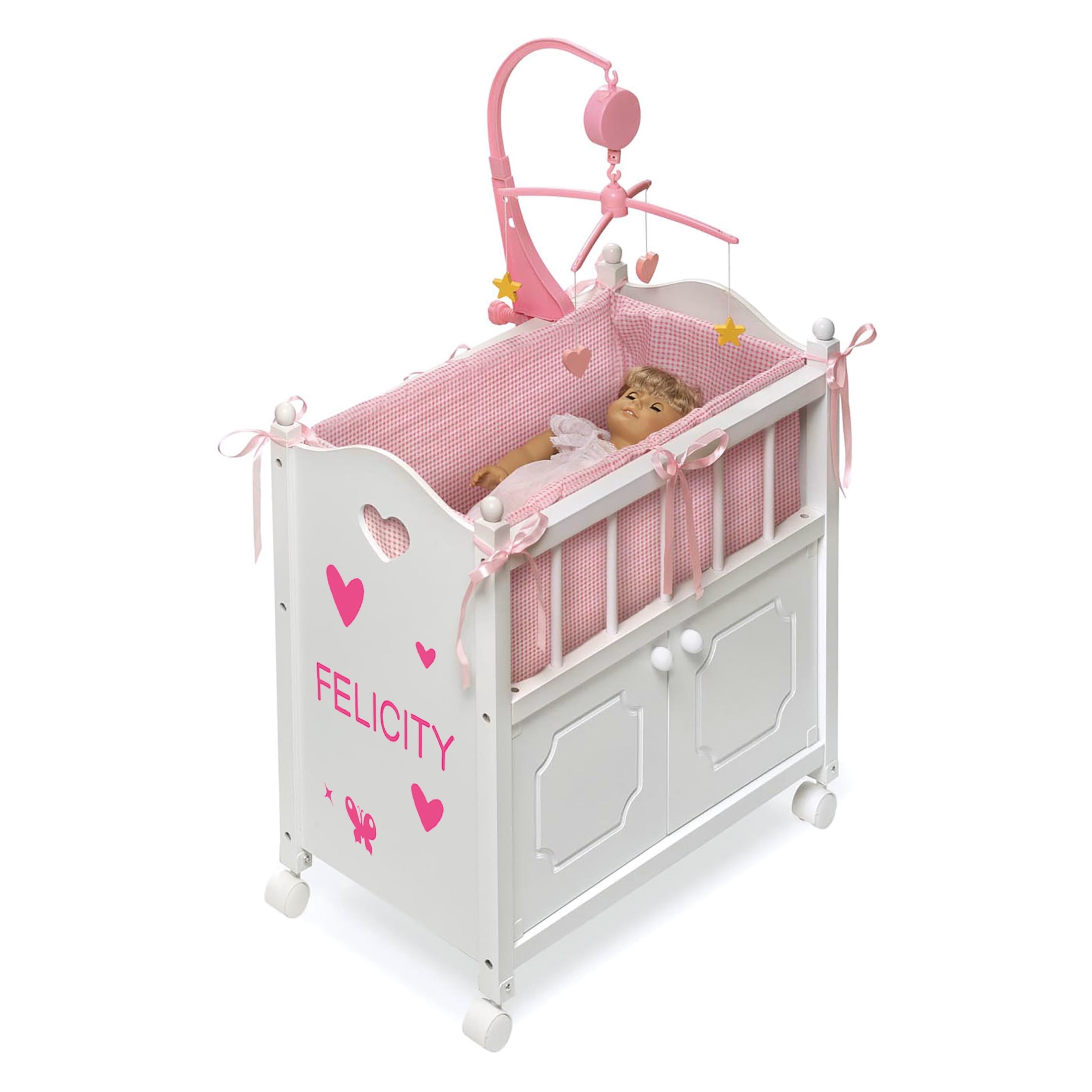 Badger Basket Premium Cabinet Doll Crib with Gingham Bedding Mobile Wheels and Free Personalization Kit Walmart