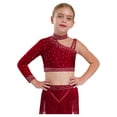 thumbnail image 3 of Manyakai Kids Girls Shiny Rhinestone Jazz Latin Modern Lyrical Dance Crop Tops Irregular Shoulder Burgundy 12, 3 of 7