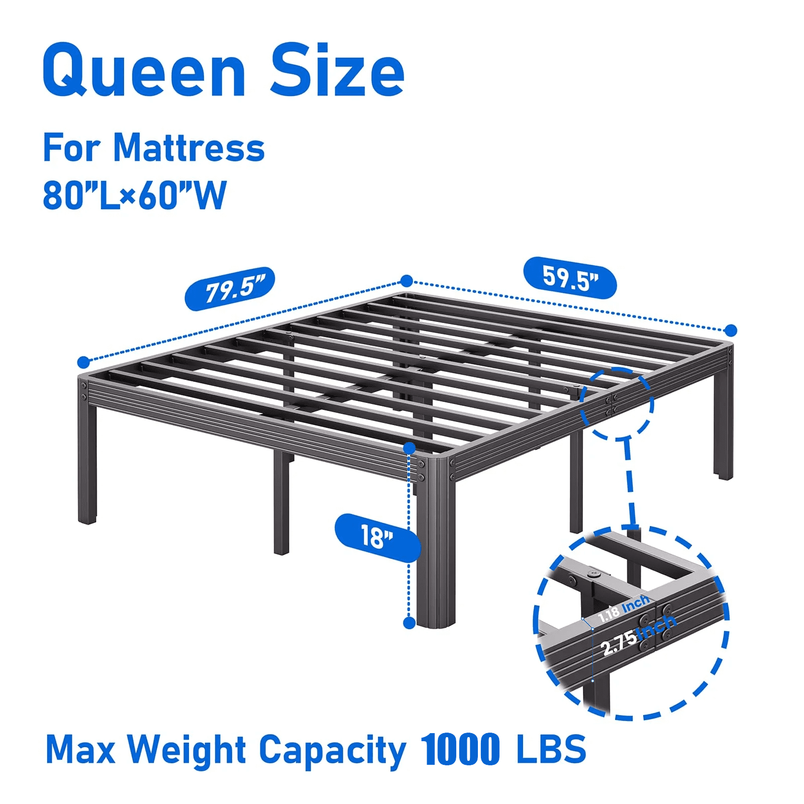 Woozuro 18" Heavy Duty Standard Bed Frames, Queen