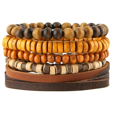 HZMAN Mix 5 Wrap Bracelets Men Women, Hemp Cords Wood Beads Ethnic Tribal Bracelets, Leather Wristbands