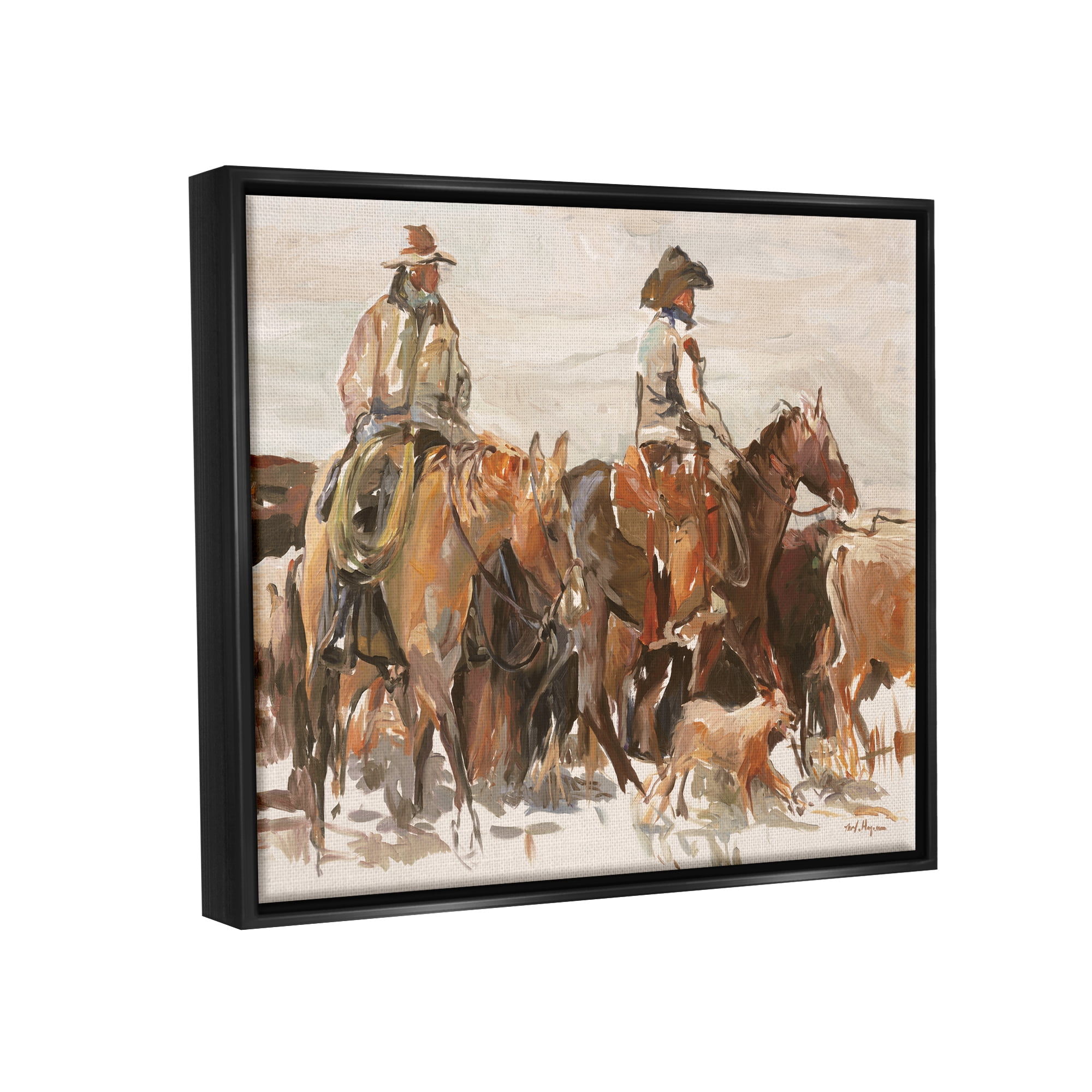 Stupell Industries Cowboys And Horses Farm Western Painting Jet Black Framed Floating Canvas Wall Art, 24x30, by Marilyn Hageman
