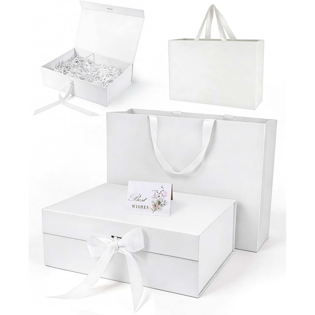 Juego de Cajas de Regalo, Con Caja de Regalo(34 * 25 * 12.5 CM)+ Bolsa de Regalo,con Bodas y Fiestas, Bridal shower, Boda, Halloween, Navidad (Blanco)
