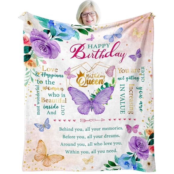 Birthday Gifts for Women, Happy Birthday Presents for Women Friendship Throw Blanket, Best Birthday Queen Gifts Ideas for Mom Female Friend Wife Sister, Butterfly Bday Decorations for Woman