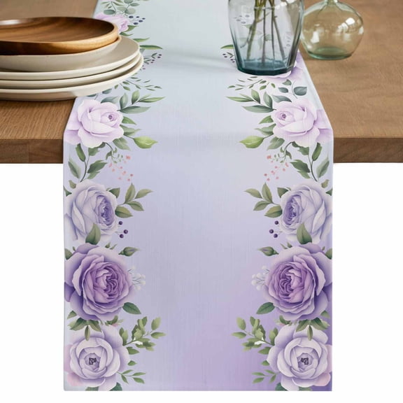 Table Runner 48 Inches Long for Kitchen Dining, Spring Flowers Dresser Scarf Farmhouse, Dining Table Decorations for Wedding/Parties, Botanical Purple Floral Leaaves Gradient 13 x 48 In