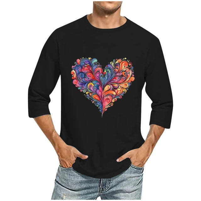 Camisas de Manga Larga para los Hombres Día de San Valentín Impresión Cuello Redondo Moda Casual, Mezcla de Poliéster de Lino de Algodón para Primavera Verano