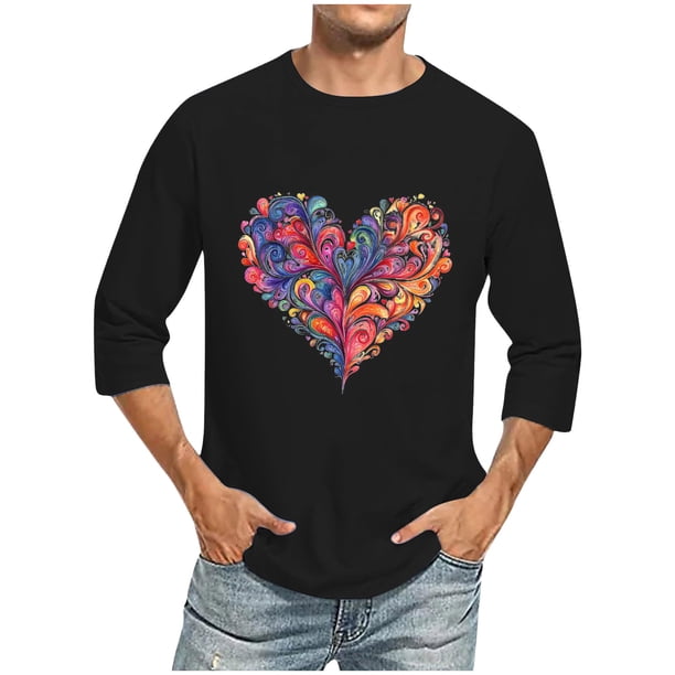 Camisas de Manga Larga para los Hombres Día de San Valentín Impresión Cuello Redondo Moda Casual, Mezcla de Poliéster de Lino de Algodón para Primavera Verano