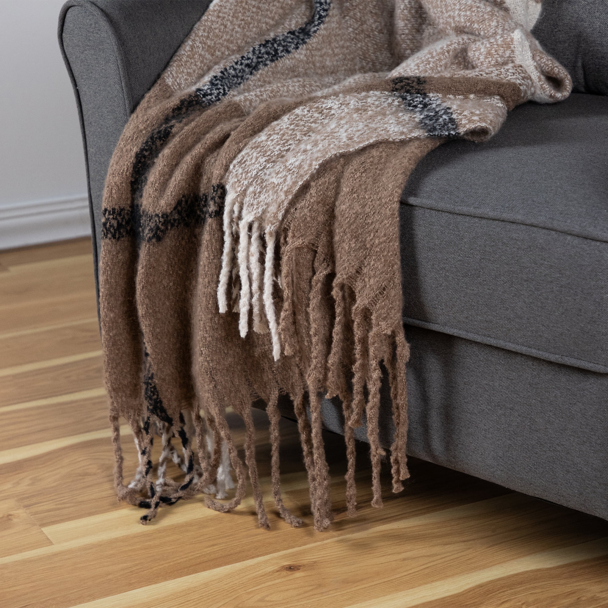 Taupe Plaid Woven Throw Blanket with Fringe 50" x 60"