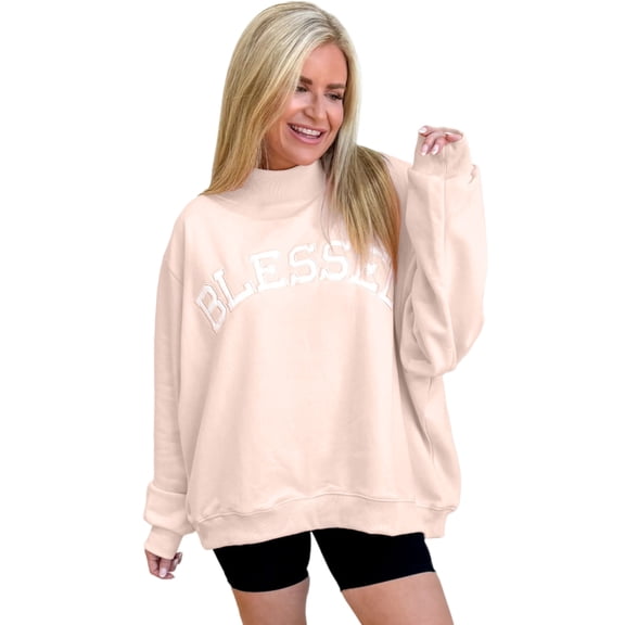 Light Pink Oversize Blessed Embroidered Mock Neck Sweatshirt for Women – Cozy Casual Fall Style [ZhiHiMeRi] | XL