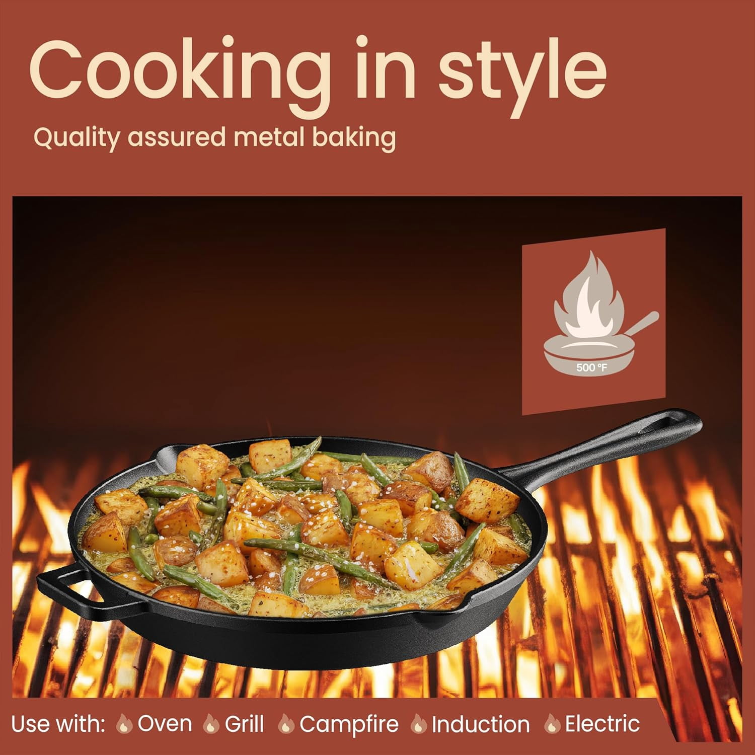 Bakken Cast Iron Skillet 12" Pre-Seasoned Frying Pans with Even Heat Retention, Versatile for Stove, Oven, Grill & Campfire, Easy-Grip Handles