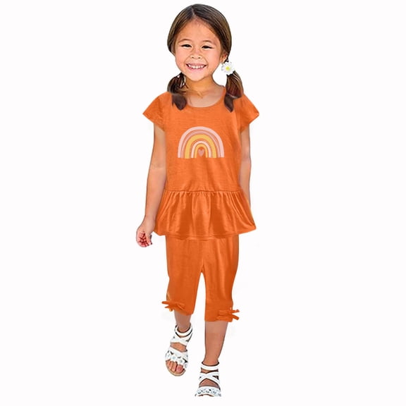 Amidoa Girls 2 Piece Outfits Summer Clothes Print Flutter Sleeve Short Sleeve Soft T Shirts and Casual Shorts Kids Clothing Sets Orange Size 8