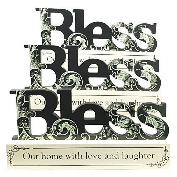 Inspirational Bless Our Home With Love & Laughter Wooden Cutout Tabletop Sign With Block Base Set of Three Gift Home Decor Shelf Top Office Decorative