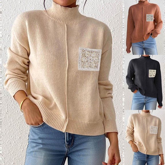 Karight Women's Lace Patchwork Turtleneck Sweaters Trendy Loose Long Sleeve Casual Pullovers Knitted Jumper Tops