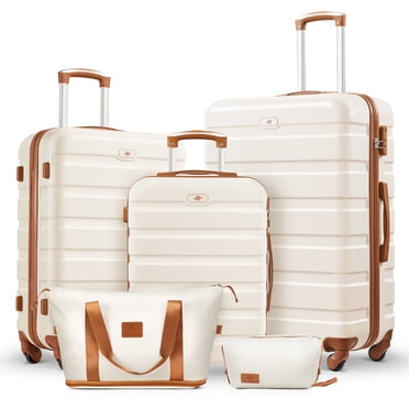5 Pcs Travel Luggage Sets, 20 24 28 inch Carry-on and Checked Suitcase with Expandable Duffle Bags, White Tan